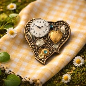 Vintage Steampunk Heart Brooch- Lucerne Watch Dial, Mixed Media, OOAK
